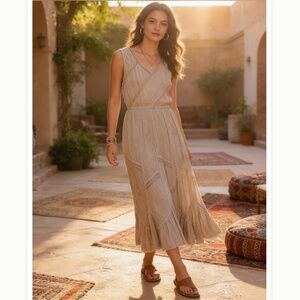 Flower Beige Linen Blend Embroidered Maxi‎ Dress Bohemian Tie Back Size S Flowy